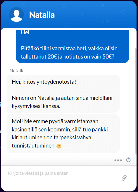 Kuvakaappaus Big Boostin livechat keskustelusta.
