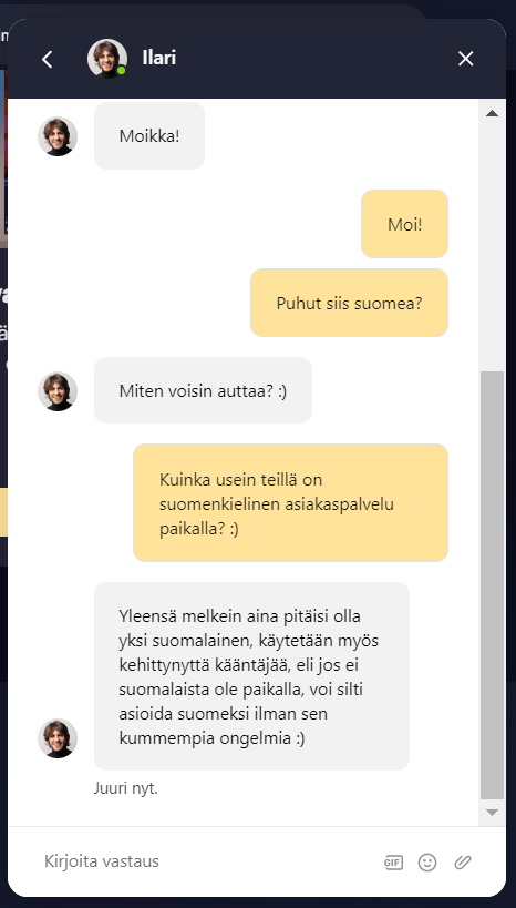 Highroller asiakaspalvelun chat
