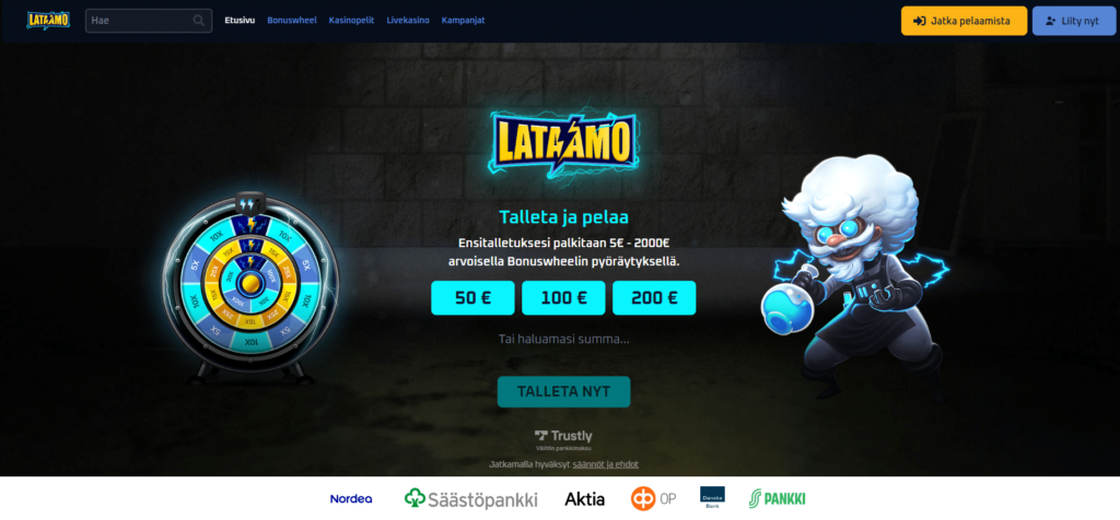 Lataamo kasinon etusivu ja ulkoasu