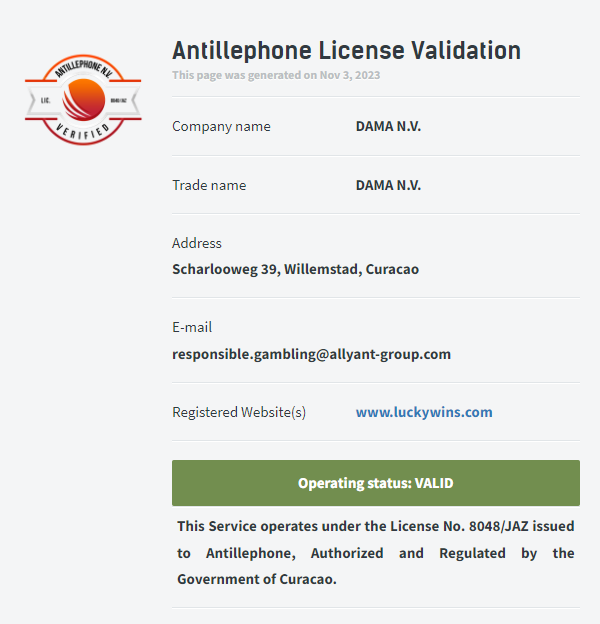 Lucky Wins Curacao lisenssi