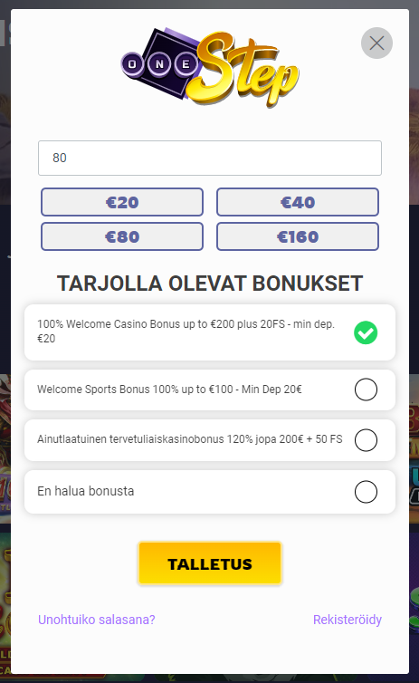 OneStep Casino talletusikkuna