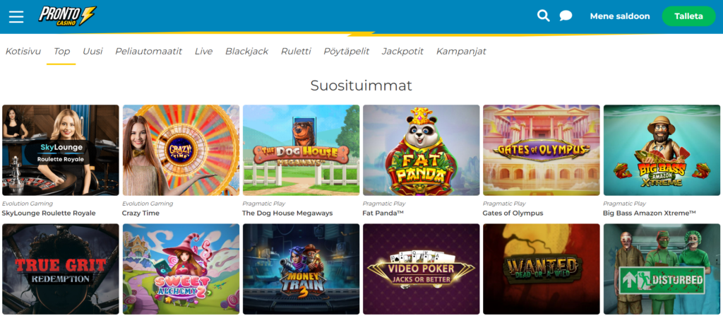 Pronto Casinon pelivalikoima ja suosituimmat pelit