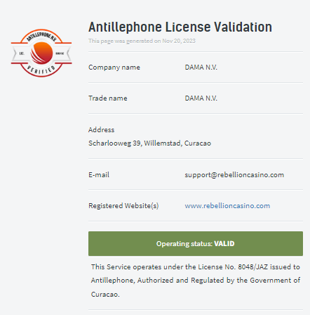 Rebellion Casino lisenssitiedot