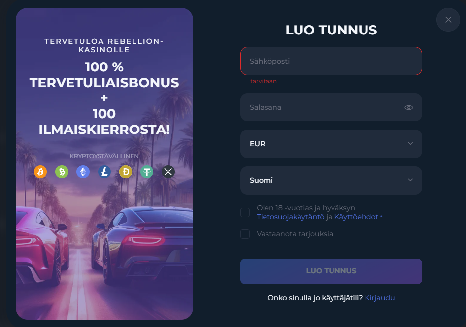 Rebellion Casino pelitilin rekisteröinti