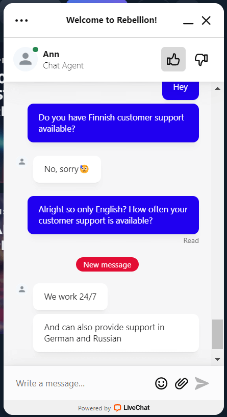 Rebellion Casinon livechat