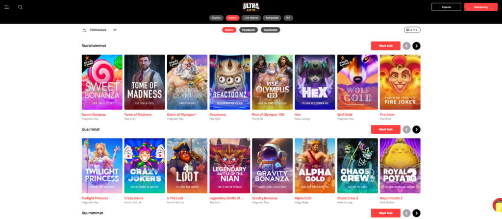 Ultra casinon pelivalikko