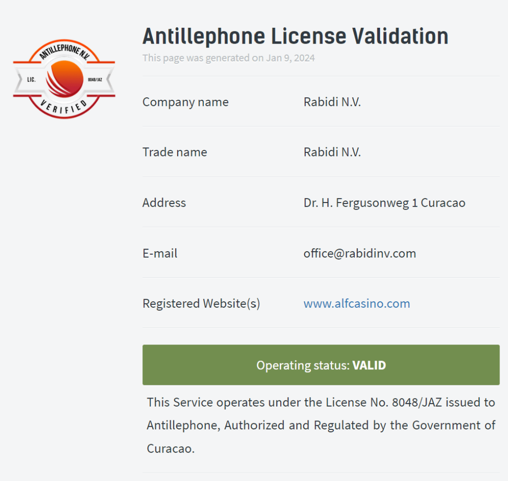 Alf Casinon lisenssi