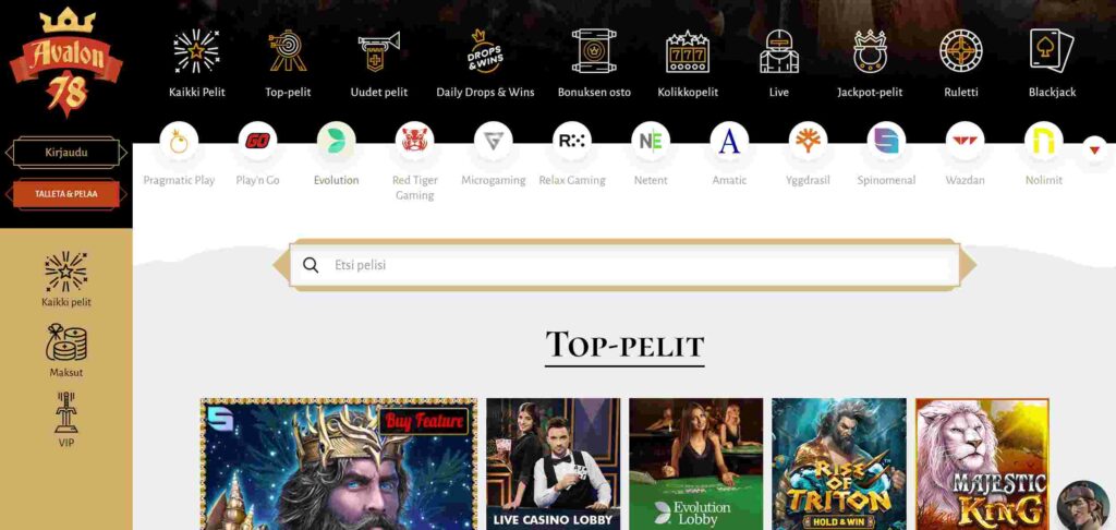 Avalon78 pelivalikoima