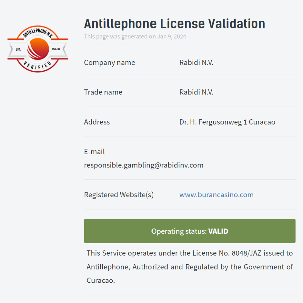 Buran Casino lisenssi