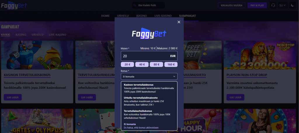 foggybet talletus ja kotiutus