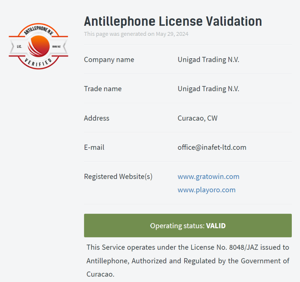 Gratowin Casino lisenssi