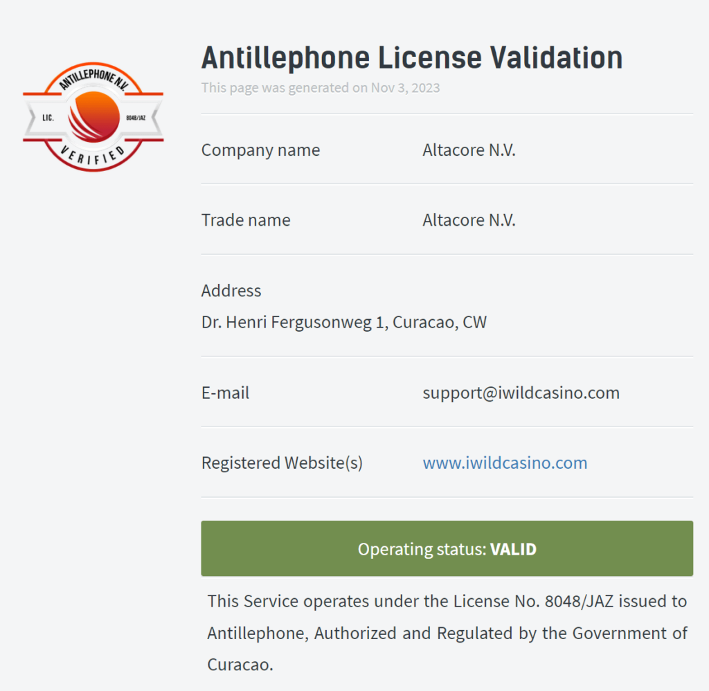 iWild Casinon pelilisenssi