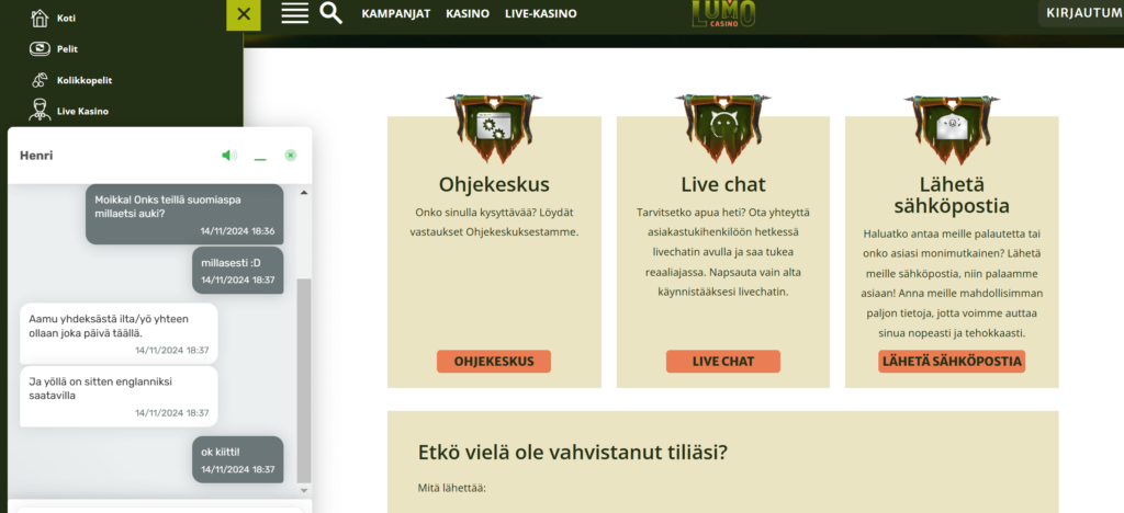 Lumo Casino asiakaspalvelu