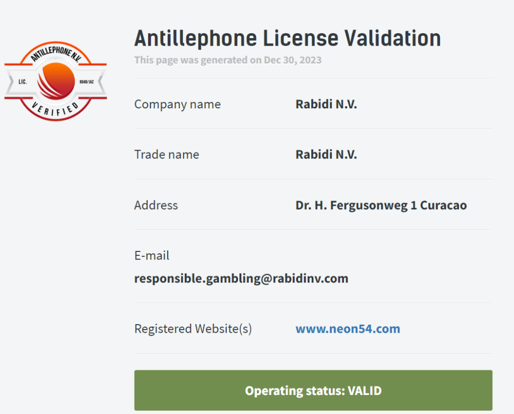 Neon54 Casino lisenssi