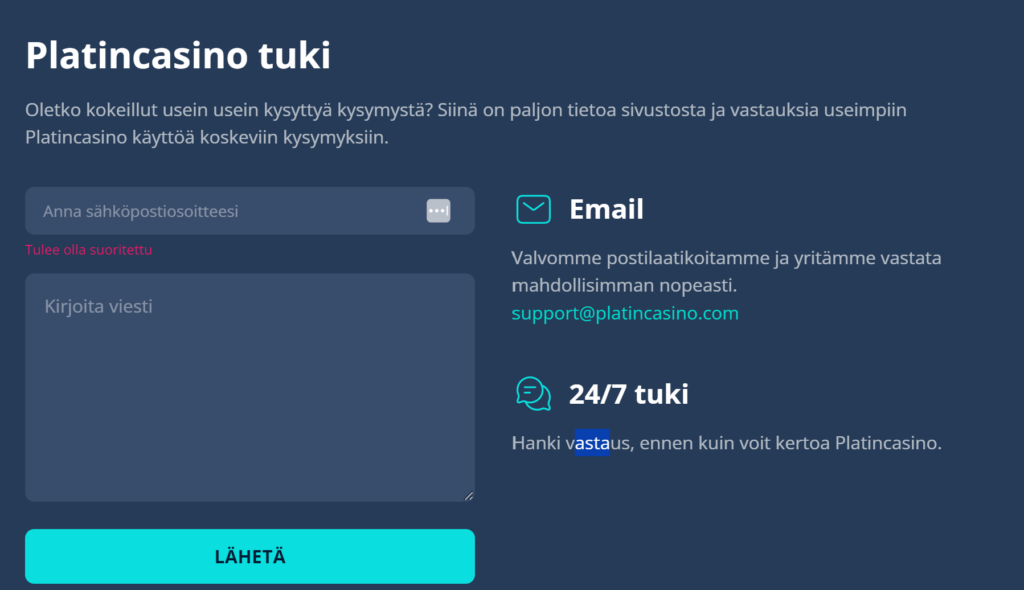 Platin Casino asiakaspalvelu lomake