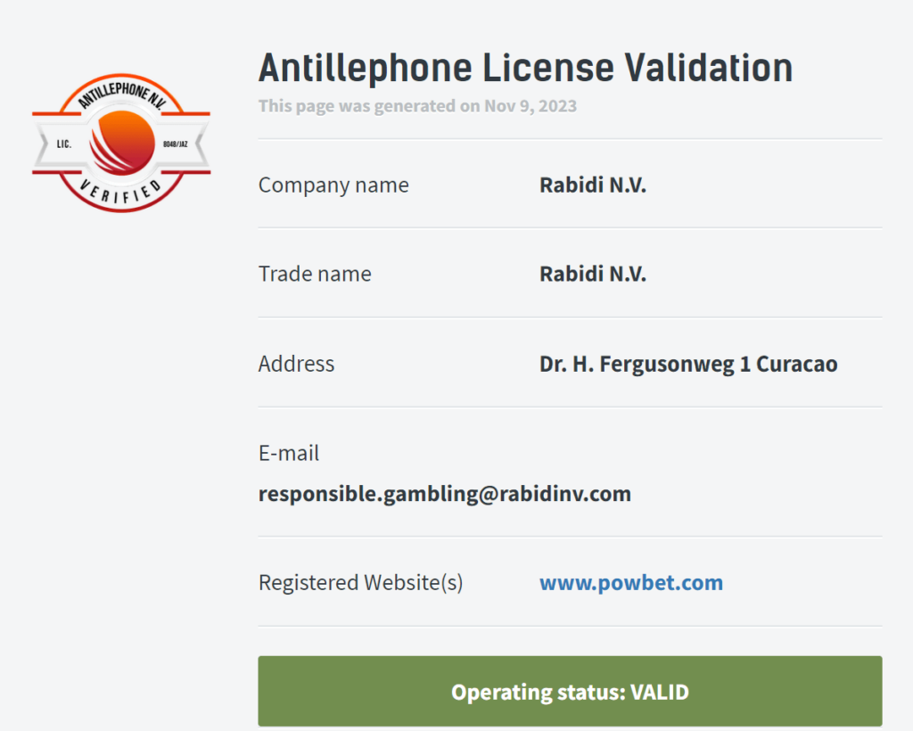 Powbet Casinon lisenssi