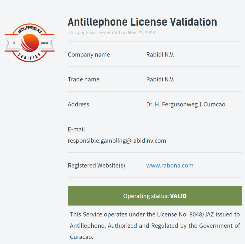 Rabona Casinon lisenssi