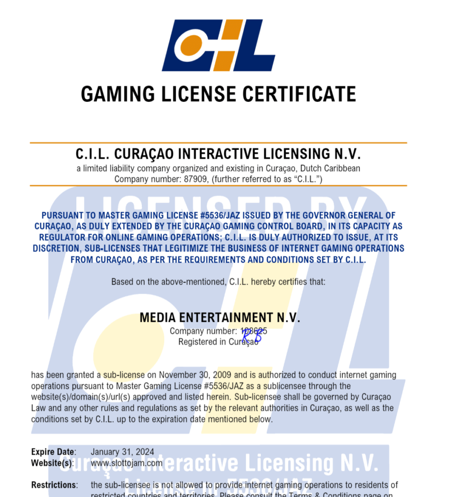 SlottoJAM kasinon lisenssi
