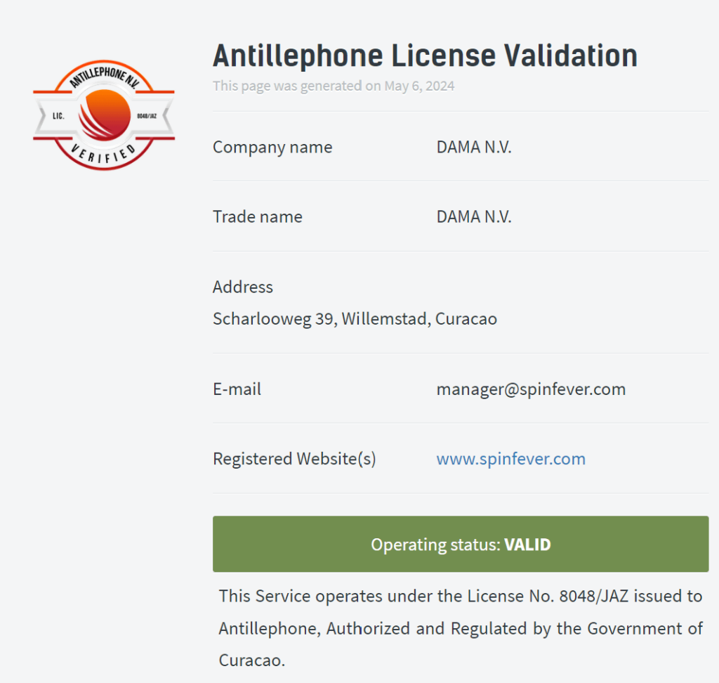 SpinFever Casino lisenssi