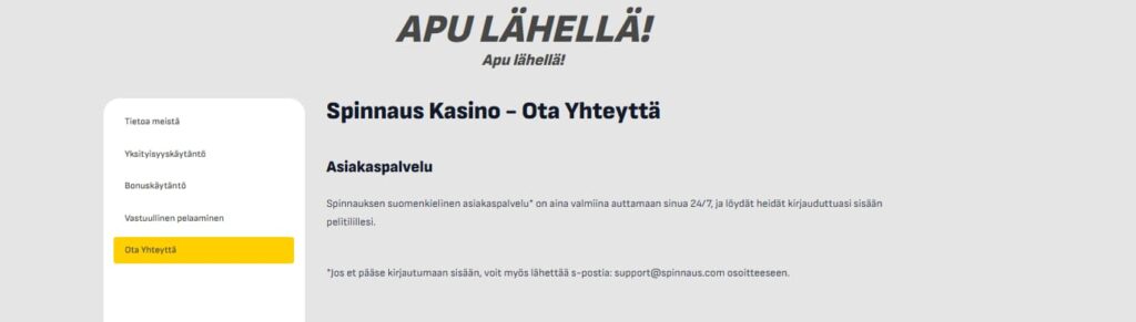 Spinnaus kasino asiakaspalvelu