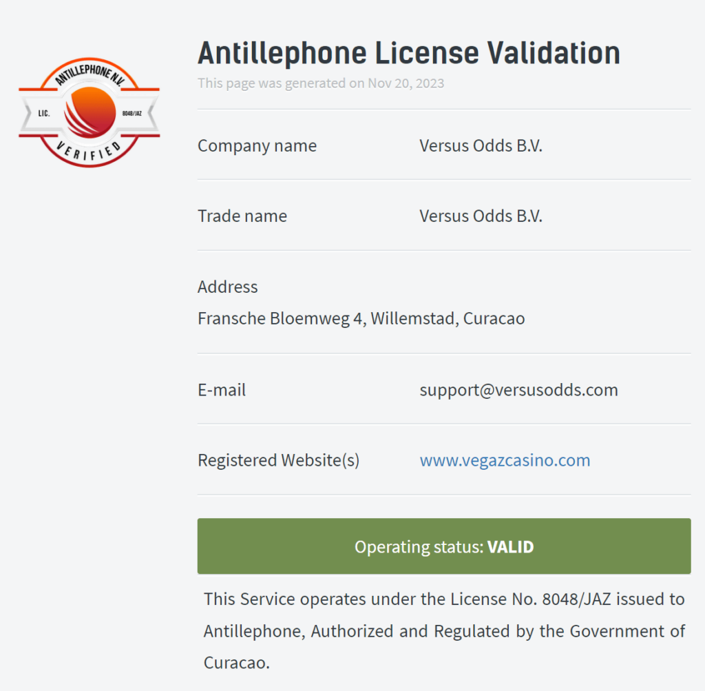 Vegaz Casinon lisenssi